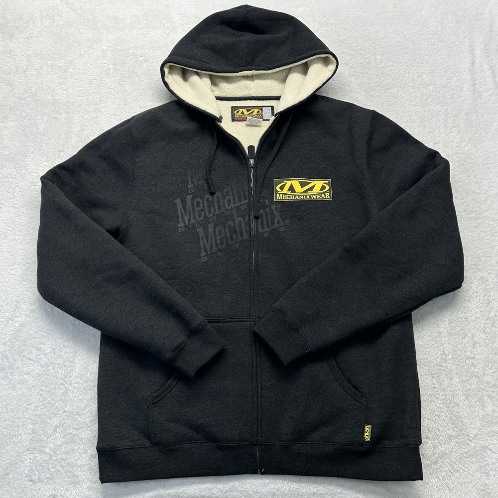 Mechanix Wear Hoodie Mens L Gray Full Zip Fleece Sherpa Lined Heavyweight Logo